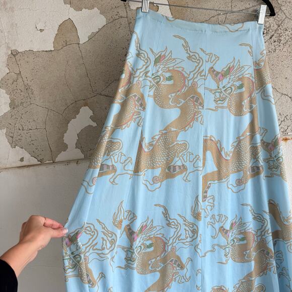 Vtg 70s Maxi Skirt Dragon Print Blue Gold California Girl Coastal Bohemian Retro - Picture 5 of 7